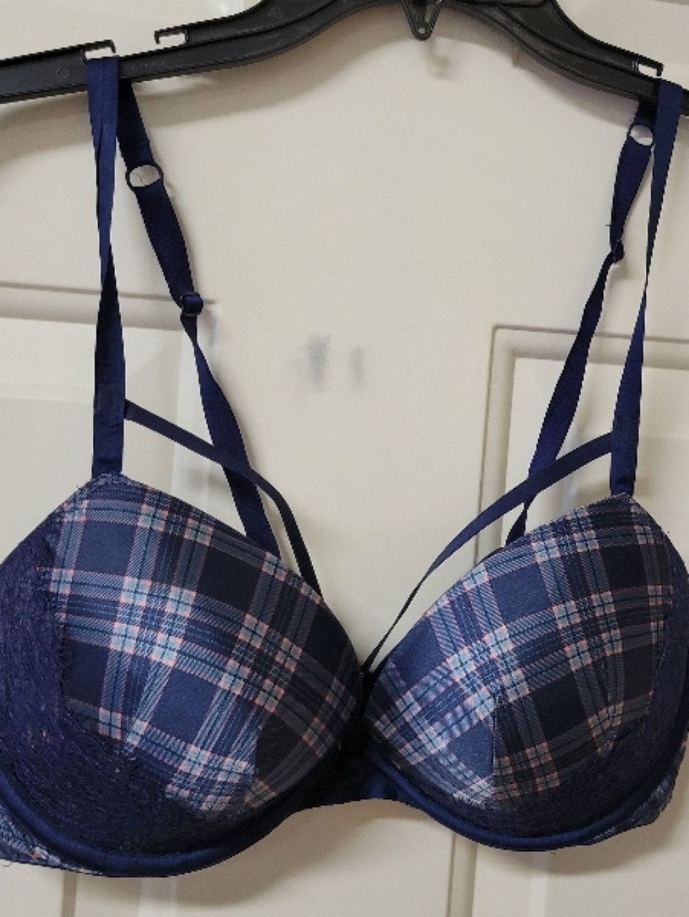 36C Victoria’s Secret Very Sexy Push Up Bra Blue Plaid Lace Nice!